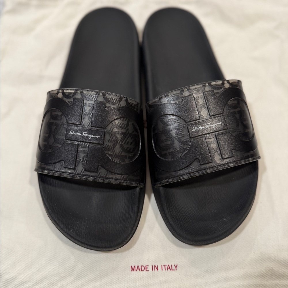 Salvatore Ferragamo Black Patterned Slide Sandals